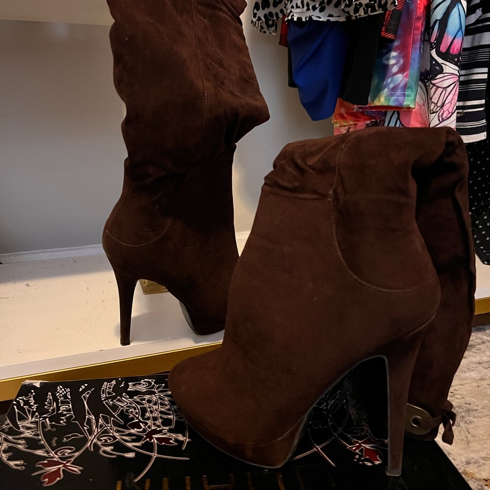 Brown knee high suede boots